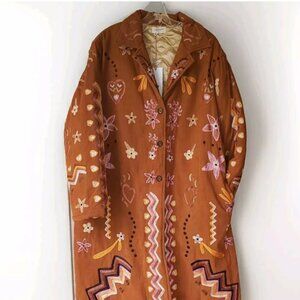 Talisman Women's Woodstock  Coat Brown Corduroy Embroidered Quilted Long Size XL